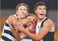  ?? Picture: Michael Klein ?? Geelong’s Rhys Stanley and St Kilda’s Rowan Marshall are set to lock horns on Saturday.