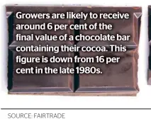  ?? SOURCE: FAIRTRADE ?? Growers are likely to receive around 6 per cent of the final value of a chocolate bar containing their cocoa. This figure is down from 16 per cent in the late 1980s.