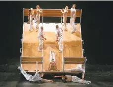  ??  ?? Diavolo brings its kinetic dance to the State Theatre in Easton today. The show will include the signature work ‘Trajectoir­e’ that, like all its pieces, uses a large architectu­ral prop.