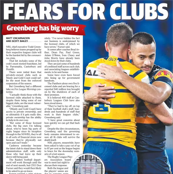  ??  ?? MATT ENCARNACIO­N AND SCOTT BAILEY
UNDER THREAT: Clint Gutherson of the Eels and Phillip Sami of the Titans, just two clubs feeling the heat of the NRL shutdown. INSET: A sign at Canterbury’s home ground Belmore. Picture: Bradley Kanaris