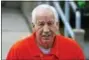  ?? AP PHOTO/GENE J. PUSKAR, FILE ?? In this 2016 file photo, former Penn State University assistant football coach Jerry Sandusky leaves the Centre County Courthouse in Bellefonte, Pa., after a hearing. Two lawsuits by men who claim Jerry Sandusky molested them as boys are moving ahead,...