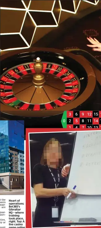  ??  ?? Heart of operations: Bet365’s Gibraltar HQ – where training took place, right. Top: A live casino game online