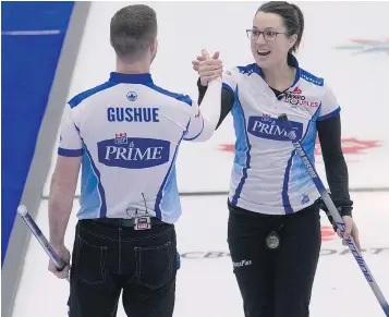  ??  ?? Brad Gushue and Val Sweeting are the favourites heading into Sunday’s final at the Canadian Olympic mixed doubles curling trials.