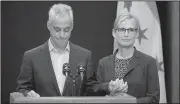  ?? AP/Chicago Tribune/STACEY WESCOTT ?? Rahm Emanuel, with his wife Amy Rule, said Tuesday in Chicago that being the city’s mayor “has been the job of a lifetime, but it is not a job for a lifetime.”