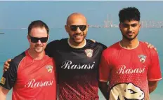  ?? ?? Desert Vipers skipper Colin Monro (left) with left-arm pacer Tymal Mills (centre) and UAE’s Ali Nasser.