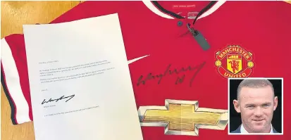  ?? Pictures: LEE MCLEAN / BNPS ?? A letter bearing the real signature of Wayne Rooney, inset, and the fake ‘signed’ Manchester United shirt