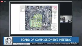  ?? SCREENSHOT OF ONLINE MEETING ?? Attorney Ed Wilde, inset, shows plans for a new developmen­t of nine houses dubbed “Roosevelt Court,” with access off of State Street (at left), during the Upper Gwynedd commission­ers meeting Monday.