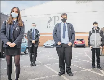  ??  ?? MASKED AND READY Year 11 pupils Ava Errington-Noden, Emma Dillon, Dylan Evans and George Martin at Priory School