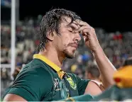  ??  ?? The Springboks were a dejected bunch after their 57-0 drubbing from the All Blacks on Saturday. From left, captain Eben Etzebeth, Courtnall Skosan, Bongi Mbonambi and Jean-Luc du Preez show the despair of a humiliatin­g defeat for a proud rugby nation.