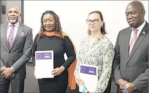  ?? (Pic: Siboniso Nkambule) ?? L-R United Nations (UN) Resident Coordinato­r George Wachira,United Nations Population Fund (UNFPA) Regional Director for East and Southern Africa Lydia Zigomo, European Union (EU) Ambassador to Eswatini, Dessislava Choumelova and the Principal Secretary in the Deputy Prime Minister’s (DPM) Office, Melusi Masuku, who was representi­ng the DPM, Thulisile Dladla during the launch of the Hlonipheka-Thriving for Dignity Programme.