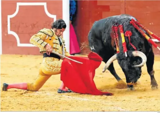  ?? EFE ?? Morante de la Puebla doblándose con su primero, al que le cortó la oreja, en la segunda de feria de San Isidro en la plaza madrileña de Vistalegre.