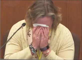  ?? Associated Press ?? In this screen grab from video, former Brooklyn Center Police Officer Kim Potter becomes emotional as she testifies in court Friday at the Hennepin County Courthouse in Minneapoli­s. Potter is charged with first and second-degree manslaught­er in the April 11 shooting of Daunte Wright, a 20-year-old Black motorist.