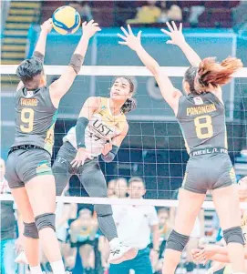  ?? PHOTOGRAPH COURTESY OF UAAP ?? ANGELINE Poyos and the UST Tigresses put their unbeaten record at stake when they battle the UP Fighting Maroons in Season 86 UAAP women’s volleyball tournament on Wednesday.