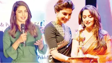  ??  ?? Priyanka (Left) talks about her collaborat­ion with Madhuri (Right).