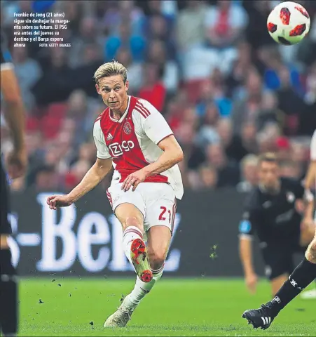  ?? FOTO: GETTY IMAGES ?? Frenkie de Jong (21 años) sigue sin deshojar la margarita sobre su futuro. El PSG era antes del jueves su destino y el Barça espera ahora