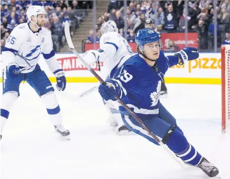  ?? CHRIS YOUNG/THE CANADIAN PRESS ?? Maple Leafs forward William Nylander celebrates one of his two goals Monday in a win over Tampa Bay in Toronto.