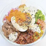  ??  ?? For The Rich Only is a poke bowl of steak beef cubes, soft boiled egg, crispy bacon and a touch of white tru e oil over rice.