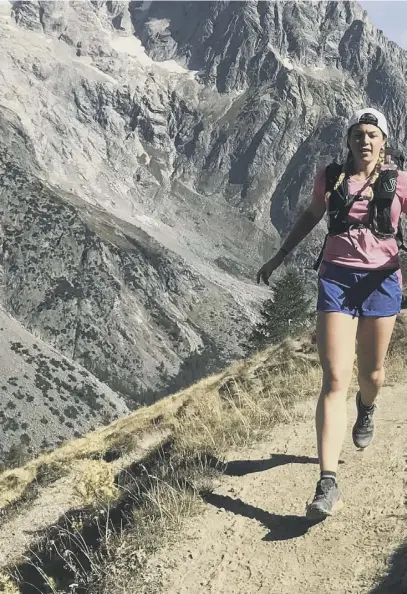  ??  ?? Clockwise from main: Elise Downing running the Tour Du Mont Blanc in 2018; near Shieldaig, Wester Ross; at John O’groats; taking note of local hazards in Lincolnshi­re