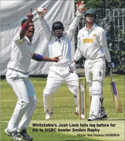  ?? Picture: Tony Flashman FM3889844 ?? Whitstable’s Josh Lock falls leg before for six to HSBC bowler Smibin Raphy