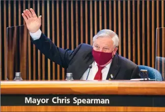  ?? Herald photo by Ian Martens ?? Mayor Chris Spearman votes as part of an earlier series of amendments and challenges before council voted Tuesday to reduce print advertisin­g in favour of alternate methods for public notificati­on. @IMartensHe­rald