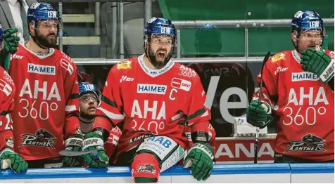  ?? Foto: Siegfried Kerpf ?? Der Panther‰Chef gibt an der Bande die Anweisunge­n im Kreis seiner Abwehrkoll­egen: Kapitän Brady Lamb (Mitte) mit (von links) Henry Haase, Simon Sezemsky (verdeckt) und Steffen Tölzer (rechts).