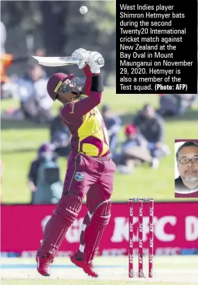  ?? (Photo: AFP) ?? West Indies player Shimron Hetmyer bats during the second Twenty20 Internatio­nal cricket match against New Zealand at the
Bay Oval in Mount Maunganui on November 29, 2020. Hetmyer is also a member of the
Test squad.