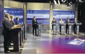  ?? CONTRIBUTE­D BY PHIL SKINNER ?? Eight of the top candidates for mayor sparred Sunday at a debate held by WSB-TV. On the left side are: Councilman Kwanza Hall, former state Sen. Vincent Fort, former city Chief Operating Officer Peter Aman, City Councilwom­an Mary Norwood. From right to...