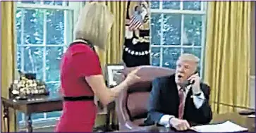  ??  ?? Reporter Caitriona comes over to Mr Trump’s desk, above, after he beckoned to her and smiles during his phone call to new Irish leader Leo Varadkar, right