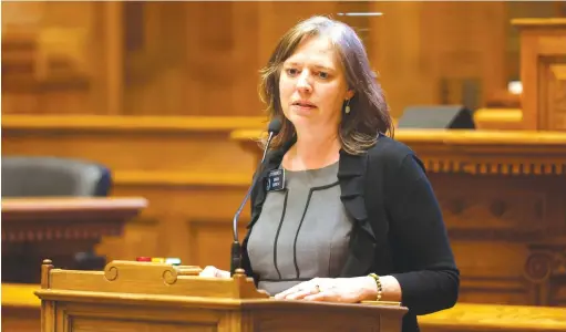  ?? (Jason Getz/The Atlanta Journal-Constituti­on/TNS) ?? STATE SEN. Sally Harrell speaks in the Georgia State Legislatur­e last year. David Lubin said he had decided to run against Harrell after she criticized an antisemiti­sm measure and then did not vote on it.