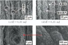  ??  ?? (e) E ＝ ０．３０ mJ局部放大图
图３ 不同单脉冲能量下PC­D表面微结构SEM 图Fig．３ SEMimagesf­ormicrostr­uctureofPC­Dusing
differentl­aserpulsee­nergy