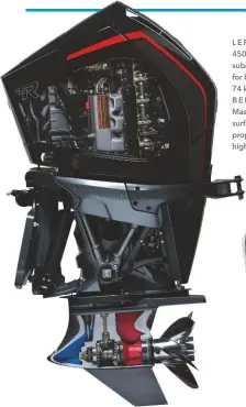  ??  ?? L E F T The standard 450R has a 5.44HD submerged gearcase for boats up to 74 knots
B E L O W The Sport Master version has a surface piercing propeller for even higher speeds
