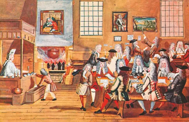  ??  ?? Above: Fuel for Restoratio­n raconteurs: a London coffee house in 1668. Left: Long before insurance, there came caffeine