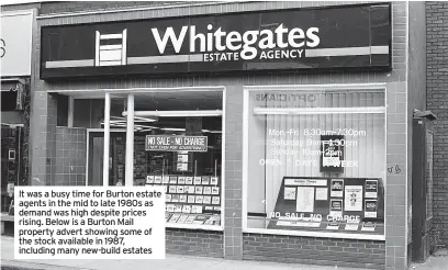  ?? ?? It was a busy time for Burton estate agents in the mid to late 1980s as demand was high despite prices rising. Below is a Burton Mail property advert showing some of the stock available in 1987, including many new-build estates