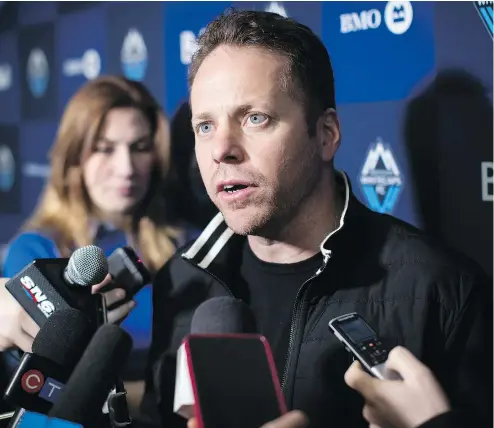  ??  ?? Whitecaps head coach Marc Dos Santos talks to reporters on Monday about the type of team he’s trying to build. Dos Santos is known for fielding teams with a dynamic and energetic style of play. — THE CANADIAN PRESS