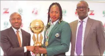  ??  ?? L-R: Group Managing Director/Chief Executive Officer, Zenith Bank Plc., Peter Amangbo, Captain of D’Tigress, Aisha Mohammed and Vice President, Nigerian Basketball Federation, Babatunde Ogunade during the reception organised by the bank for newly...