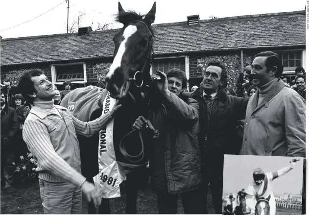  ??  ?? 0 A delighted Bob Champion, right, crosses the line on Aldaniti to win the 1981 Grand National and, above, celebratin­g at Josh Gifford’s stables are Champion, left, the trainer, second from right and Aldaniti’s owner Nick Embiricos, right.