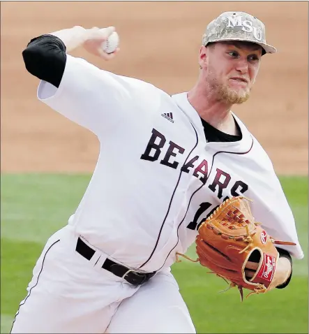  ?? — THE ASSOCIATED PRESS FILES ?? Jon Harris, shown pitching for the Missouri State University Bears, doesn’t just rear back and throw his 95-m.p.h. fastball. He also likes to move the ball around on opposing batters.