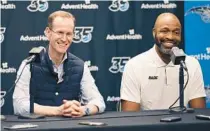  ?? STEPHEN M. DOWELL/ORLANDO SENTINEL ?? Orlando Magic president of basketball operations Jeff Weltman, left, and head coach Jamahl Mosley discuss the Orlando Magic’s draft picks in the 2023 NBA Draft during a press conference at the Advent Health Training Center in Orlando on June 22.