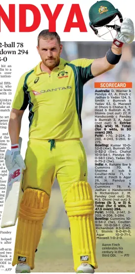  ?? — AFP Aaron Finch celebrates his century in the third ODI. — PTI ??