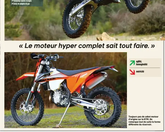  ??  ?? Toujours pas de sabot moteur d’origine sur la KTM. On remarque tout de suite la forme différente du réservoir.