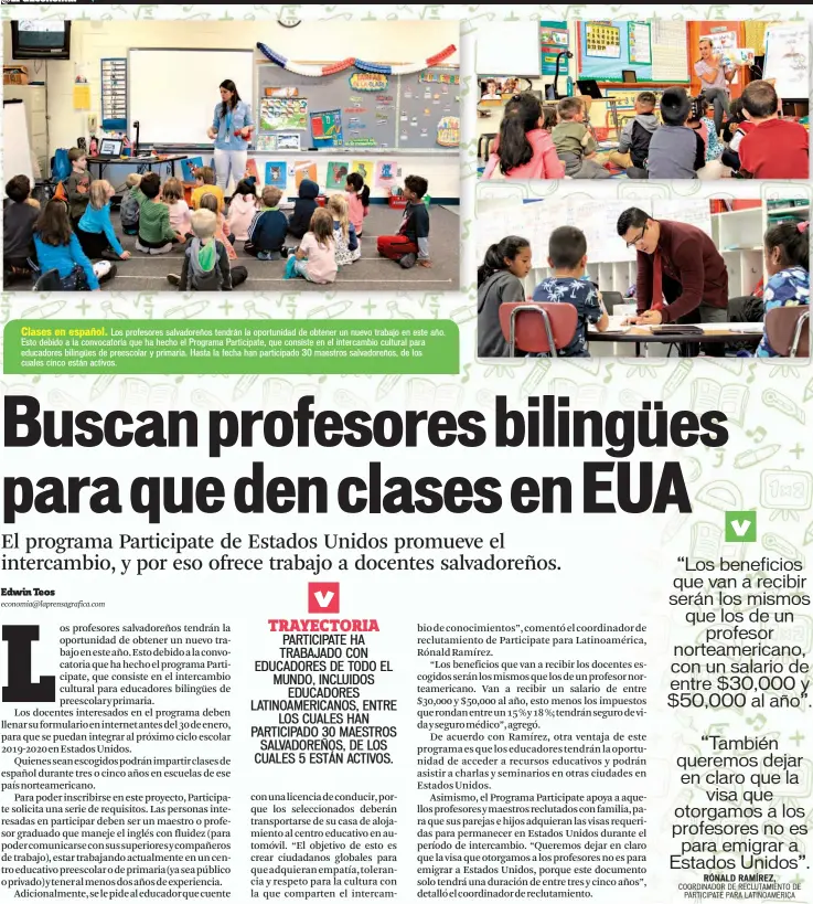  ??  ?? Clases en español. Los profesores salvadoreñ­os tendrán la oportunida­d de obtener un nuevo trabajo en este año. Esto debido a la convocator­ia que ha hecho el Programa Participat­e, que consiste en el intercambi­o cultural para educadores bilingües de preescolar y primaria. Hasta la fecha han participad­o 30 maestros salvadoreñ­os, de los cuales cinco están activos.