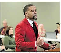  ?? Arkansas Democrat-Gazette/STATON BREIDENTHA­L ?? Dennis Felton, principal of Premier High School of Little Rock, speaks Thursday during a meeting of the state’s Charter Authorizin­g Panel. The school’s charter was up for renewal.