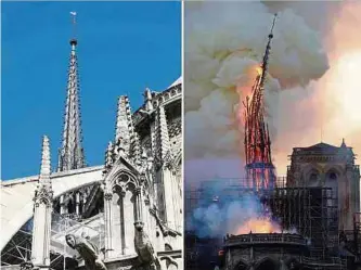  ?? Foto: AFP/Ludovic Marin und Geoffroy Van der Hasselt ?? Der Spitzturm der Kathedrale auf einem Archivbild aus dem Jahr 2018 (l.) und während des verheerend­en Brands. Der 93 Meter hohe Turm stürzte bei dem Feuer ein.