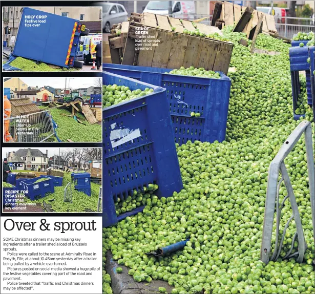 ??  ?? HOLY CROP Festive load tips over
IN HOT WATER Clear-up begins in Fife yesterday
RECIPE FOR DISASTER Christmas dinners may miss key element
SEA OF GREEN
Trailer shed load of sprouts over road and pavement