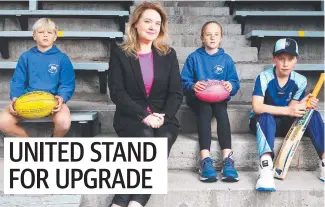  ??  ?? Madeleine Ogilvie with Sam Smith, 12 ( left), Stella Moore, 11, and Xavier Reynolds, 10, all from Sandy Bay, at Queenborou­gh Oval. Picture: Nikki Davis- Jones