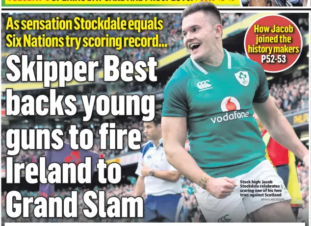  ?? BRIAN LAWLESS/PA ?? Stock high: Jacob Stockdale celebrates scoring one of his two tries against Scotland