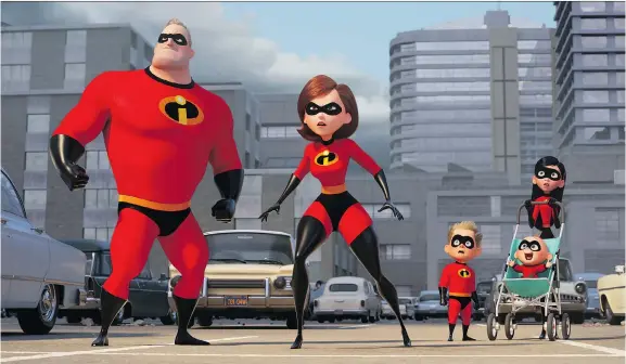  ?? PHOTOS: DISNEY/PIXAR ?? Helen Parr, centre, voiced by Holly Hunter, is in the spotlight when a new villain hatches a brilliant and dangerous plot that only the Incredible­s can overcome together.