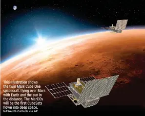  ?? NASA/JPL-Caltech via AP ?? This illustrati­on shows the twin Mars Cube One spacecraft flying over Mars with Earth and the sun in the distance. The MarCOs will be the first CubeSats flown into deep space.