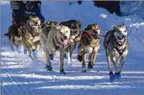  ?? ?? Sled dogs mush along Cordova Street on March 2 during the ceremonial start of the Iditarod Trail Dog Sled Race in Anchorage. From its Native beginnings, mushing evolved in the early 1800s when Russian settlers used dog teams for travel and to move supplies between trading posts.