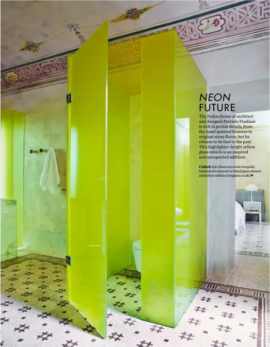  ??  ?? Cubicle Ion Glass can create bespoke, laminated coloured or tinted glass shower and toilet cubicles (ionglass.co.uk) ➤